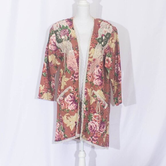 VINTAGE LACY AFTERNOON Floral English Garden Open Front Cardigan Size L - Picture 1 of 9